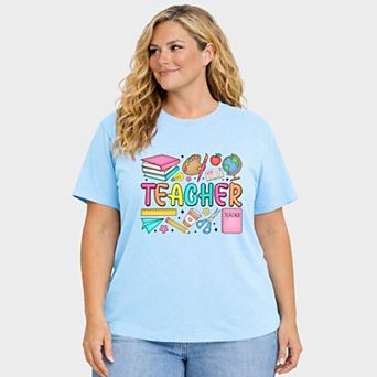 Teacher Bright Collage - Women's Plus Sized Garment Dyed Graphic T-Shirt