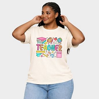 Teacher Bright Collage - Women's Plus Sized Garment Dyed Graphic T-Shirt