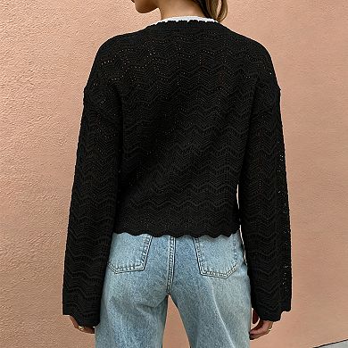 Womens Crochet Knit Cardigan Tie Front Long Bell Sleeve Open Front Lightweight Sweater Shrug