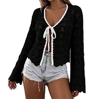 Womens Crochet Knit Cardigan Tie Front Long Bell Sleeve Open Front Lightweight Sweater Shrug