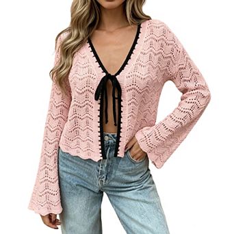 Womens Crochet Knit Cardigan Tie Front Long Bell Sleeve Open Front Lightweight Sweater Shrug