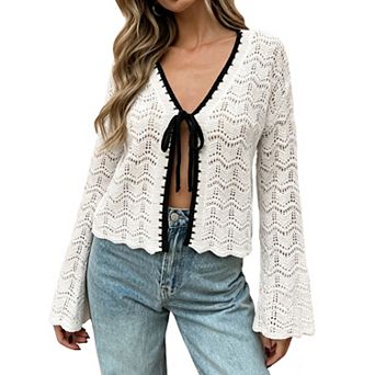 Womens Crochet Knit Cardigan Tie Front Long Bell Sleeve Open Front Lightweight Sweater Shrug