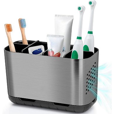 KSIZUIS Brushed Nickel Electric Toothbrush Holder with Adjustable Dividers & Drainage