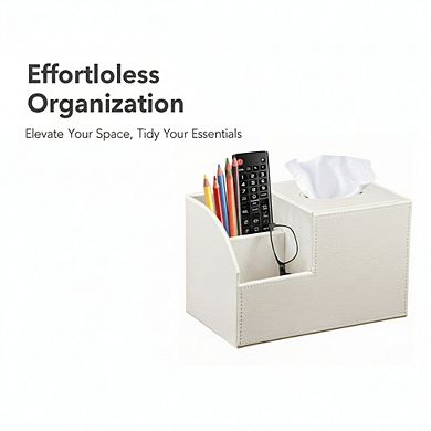 KSIZUIS PU Leather Square Tissue Box Cover with Remote Storage - Cube Organizer for Nightstand