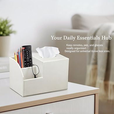 KSIZUIS PU Leather Square Tissue Box Cover with Remote Storage - Cube Organizer for Nightstand