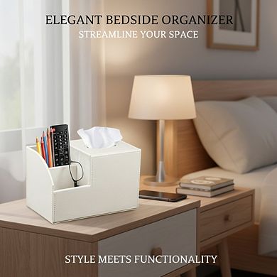 KSIZUIS PU Leather Square Tissue Box Cover with Remote Storage - Cube Organizer for Nightstand