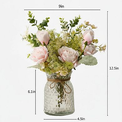 KSIZUIS White Silk Roses Artificial Flowers in Vase Home Office Table Decoration