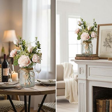 KSIZUIS White Silk Roses Artificial Flowers in Vase Home Office Table Decoration