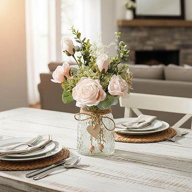 KSIZUIS White Silk Roses Artificial Flowers in Vase Home Office Table Decoration