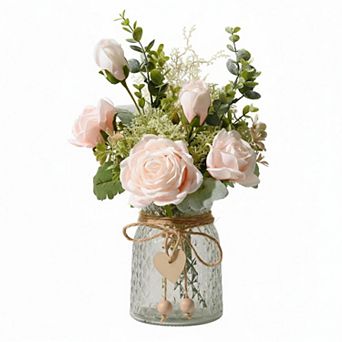 KSIZUIS White Silk Roses Artificial Flowers in Vase Home Office Table Decoration