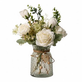 KSIZUIS White Silk Roses Artificial Flowers in Vase Home Office Table Decoration