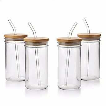 Glass Cups With Lids Straws 24 Oz Reusable Smoothie Boba Iced Coffee Mason Jar 4 Pack