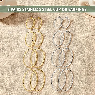 KSIZUIS8 Pairs Clip On Hoop Earrings Stainless Steel Non-pierced Multiple Size Comfortable
