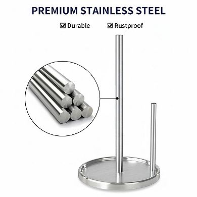 Stainless Steel Paper Towel Holder Countertop Weighted Base Sturdy Stable One Hand Use