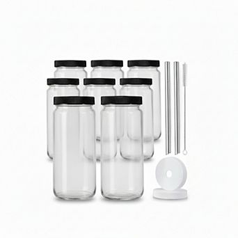 8 Pack 16oz Glass Juicing Bottles with Straws Lids Reusable for Juice Smoothie Kombucha
