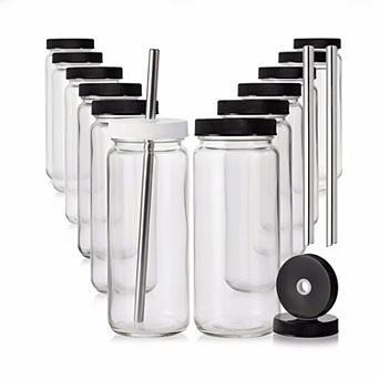 12 Pack 16oz Glass Juice Bottles Airtight Lids Straws Labels Reusable Travel