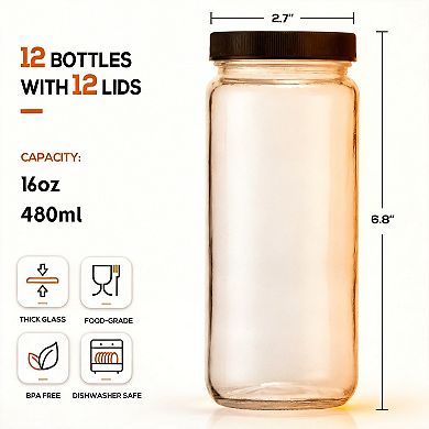 12 Pack 16oz Glass Juice Bottles Airtight Lids Straws Labels Reusable Travel