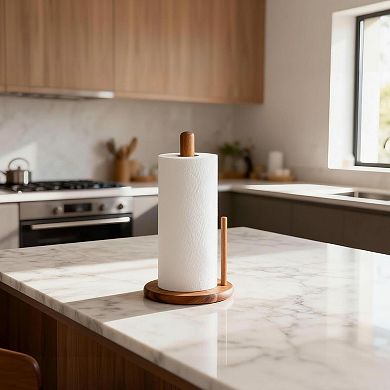 Acacia Wood Paper Towel Holder Countertop Sturdy Easy Assemble Space Saving