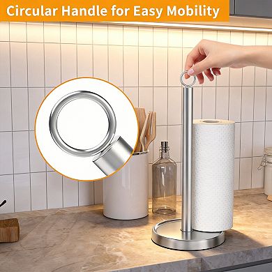 Stainless Steel Countertop Paper Towel Holder Weighted Base Ring Handle Rust Free