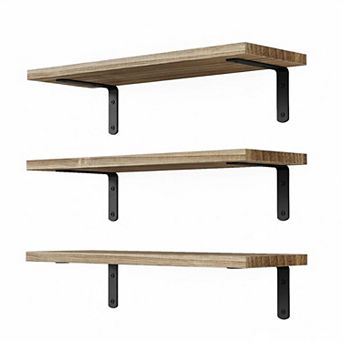 3 Set Floating Wall Shelves Wooden Rustic Brown for Bathroom Bedroom Living Room Storage Decor