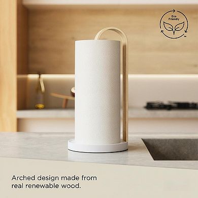 Paper Towel Holder Kitchen Countertop Real Wood Stand Weighted Metal Base