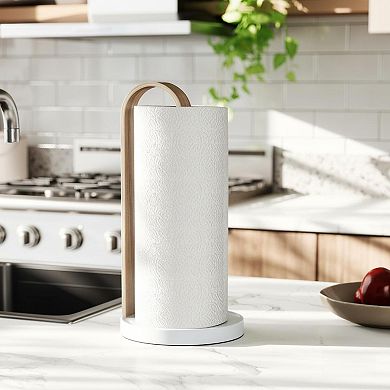 Paper Towel Holder Kitchen Countertop Real Wood Stand Weighted Metal Base
