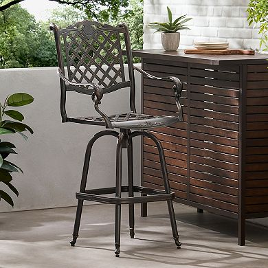 Swivel Aluminum Bar Stool With Supportive Armrests For Outdoor Patio Use