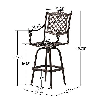 Swivel Aluminum Bar Stool With Supportive Armrests For Outdoor Patio Use