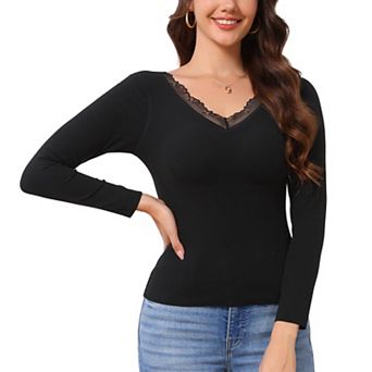 Women's UnderShirt Thermal Built-in Bra Ribbed Long Sleeve V Neck Slim Fit Warm Fuzzy Fleece Tops