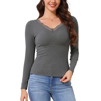 Women's UnderShirt Thermal Built-in Bra Ribbed Long Sleeve V Neck Slim Fit Warm Fuzzy Fleece Tops