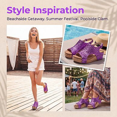 Women's Glitter Peep Toe Wedge Sandals Hook-and-Loop Slingback Summer Shoes