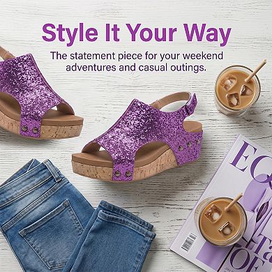 Women's Glitter Peep Toe Wedge Sandals Hook-and-Loop Slingback Summer Shoes