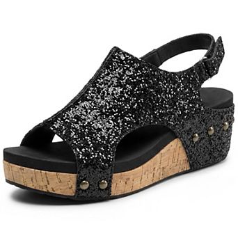 Women's Glitter Peep Toe Wedge Sandals Hook-and-Loop Slingback Summer Shoes
