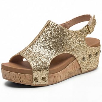 Women's Glitter Peep Toe Wedge Sandals Hook-and-Loop Slingback Summer Shoes