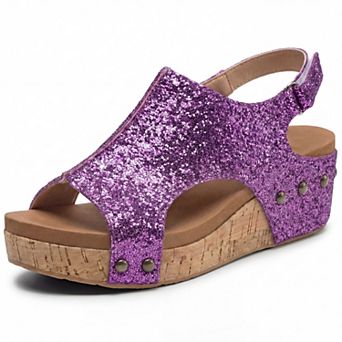 Women's Glitter Peep Toe Wedge Sandals Hook-and-Loop Slingback Summer Shoes