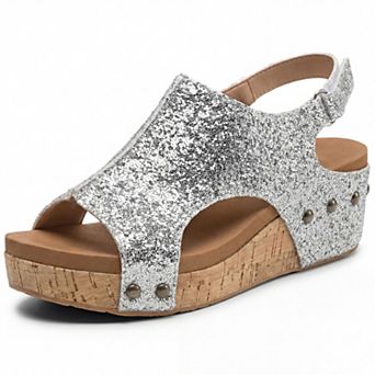 Women's Glitter Peep Toe Wedge Sandals Hook-and-Loop Slingback Summer Shoes