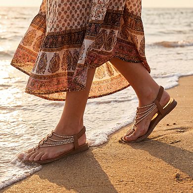 Women's Rhinestone T-Strap Flat Sandals Elastic Ankle Strap Summer Flip Flops