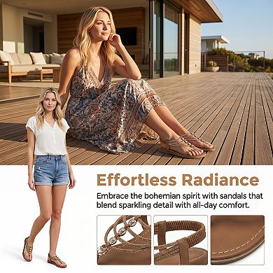 Women's Rhinestone T-Strap Flat Sandals Elastic Ankle Strap Summer Flip Flops