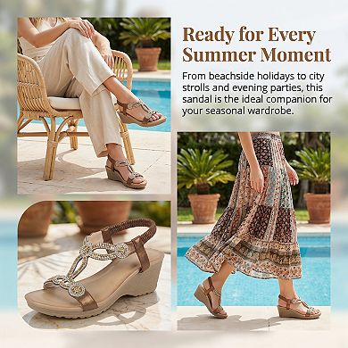Women's Rhinestone Elastic Band Open Toe Glitter Wedge Sandals