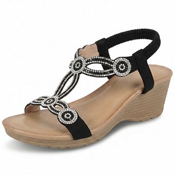 Women's Rhinestone Elastic Band Open Toe Glitter Wedge Sandals