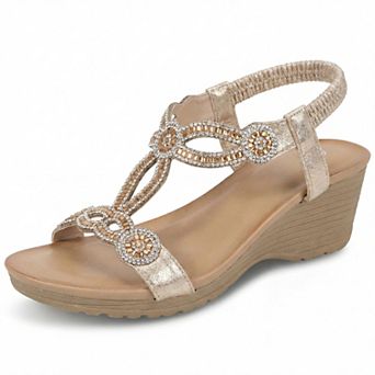 Women's Rhinestone Elastic Band Open Toe Glitter Wedge Sandals