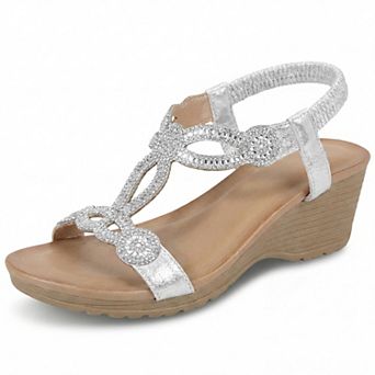 Women's Rhinestone Elastic Band Open Toe Glitter Wedge Sandals