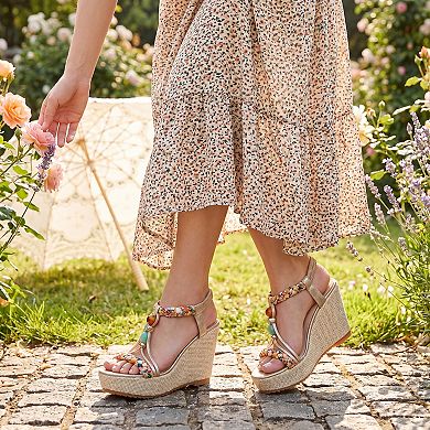 Women's Beaded T-strap Platform Elastic Open Toe Sandals