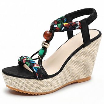 Women's Beaded T-strap Platform Elastic Open Toe Sandals