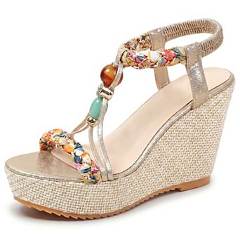 Women's Beaded T-strap Platform Elastic Open Toe Sandals