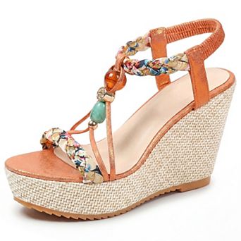 Women's Beaded T-strap Platform Elastic Open Toe Sandals