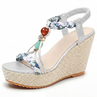 Women's Beaded T-strap Platform Elastic Open Toe Sandals