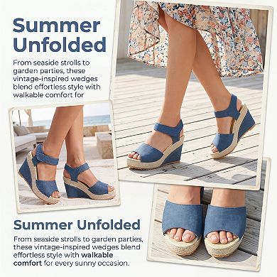 Women's Denim Platform Hook Loop Peep Toe Wedge Sandals for Casual Summer Wear