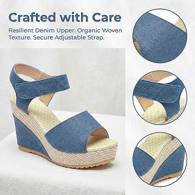 Women's Denim Platform Hook Loop Peep Toe Wedge Sandals for Casual Summer Wear