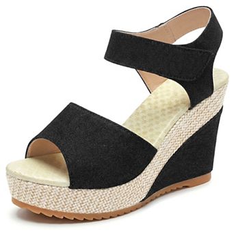 Women's Denim Platform Hook Loop Peep Toe Wedge Sandals for Casual Summer Wear